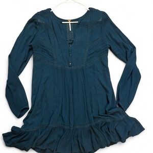 Free People Teal Crochet Lace Ruffle Tunic Mini Dress XS‎ Boho